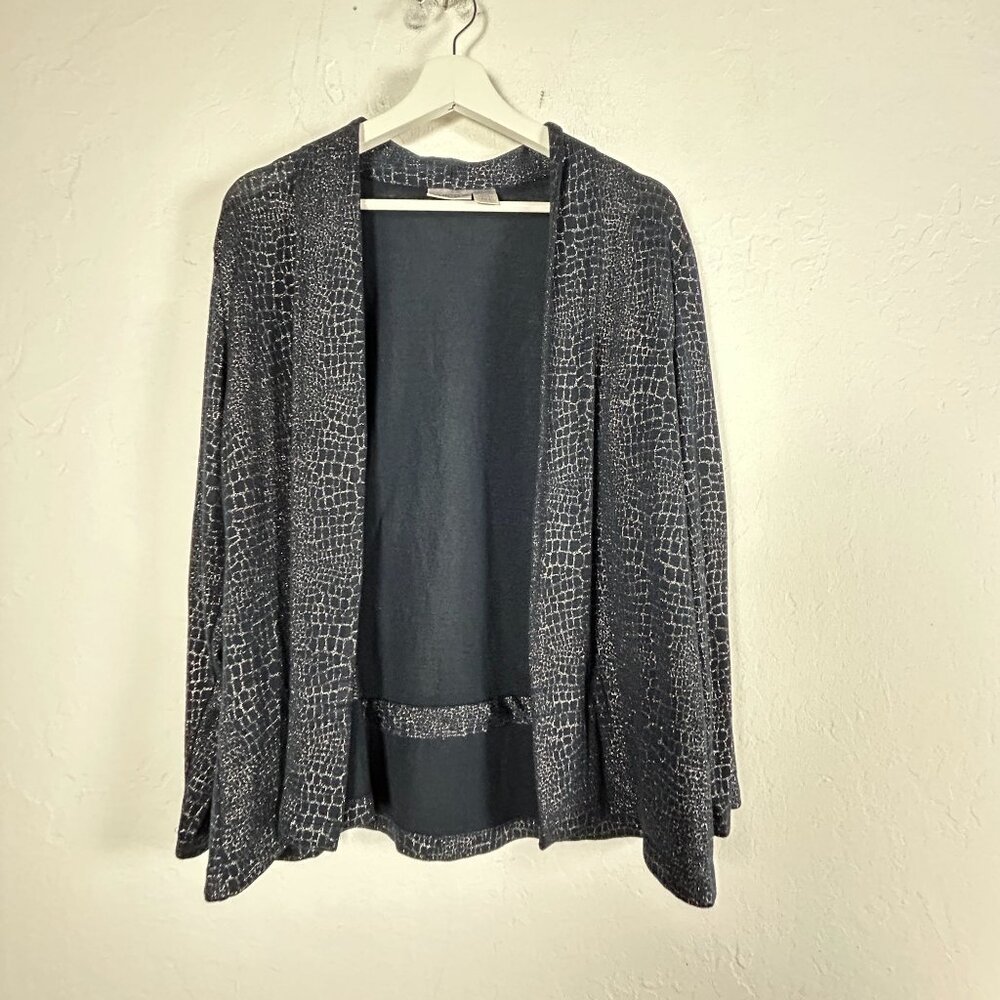 Chico's Open Front Cardigan Sweater Size 2 Black Silver Metallic Animal Print